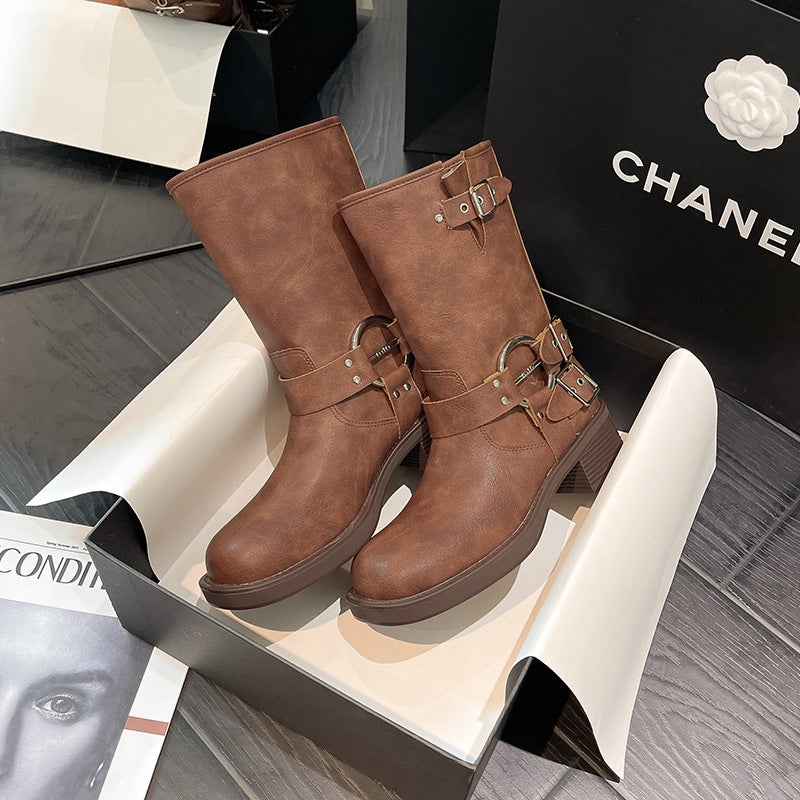 Genuine Leather Western Cowboy Boots 2023 Spring and Summer New British Style Retro All-Match Metal Buckle Mid-Barrel Martin Ankle Boots for Women - Image 1