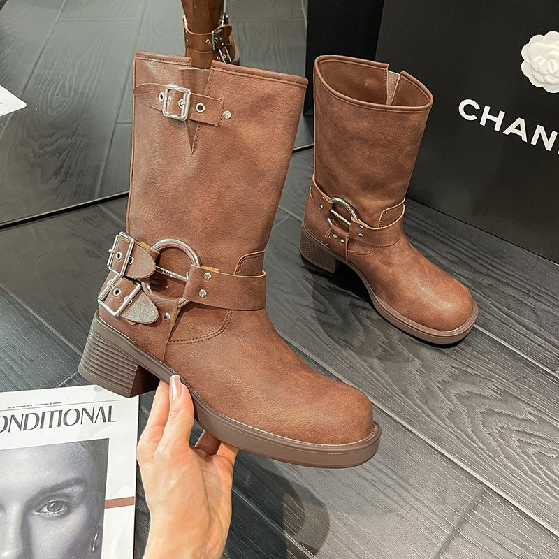 Genuine Leather Western Cowboy Boots 2023 Spring and Summer New British Style Retro All-Match Metal Buckle Mid-Barrel Martin Ankle Boots for Women - Image 2