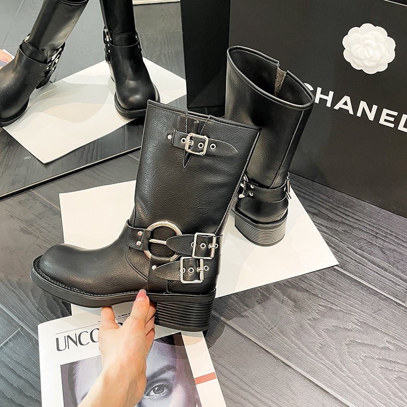 Genuine Leather Western Cowboy Boots 2023 Spring and Summer New British Style Retro All-Match Metal Buckle Mid-Barrel Martin Ankle Boots for Women - Image 3