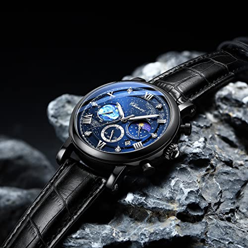 FANMIS Men's Classic Multifunctional Military Sports Analog Watch Business Dress Waterproof Luminous Chronograph Starry Sky Moon Phase Leather Wristwatch (Black) - Image 3