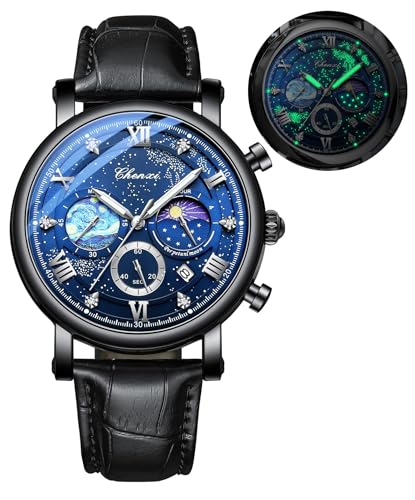 FANMIS Men's Classic Multifunctional Military Sports Analog Watch Business Dress Waterproof Luminous Chronograph Starry Sky Moon Phase Leather Wristwatch (Black) - Image 1