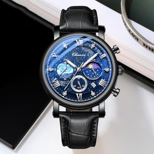FANMIS Men's Classic Multifunctional Military Sports Analog Watch Business Dress Waterproof Luminous Chronograph Starry Sky Moon Phase Leather Wristwatch (Black) - Image 2