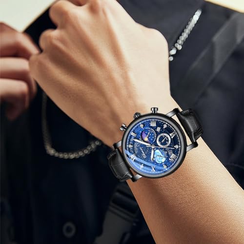 FANMIS Men's Classic Multifunctional Military Sports Analog Watch Business Dress Waterproof Luminous Chronograph Starry Sky Moon Phase Leather Wristwatch (Black) - Image 4