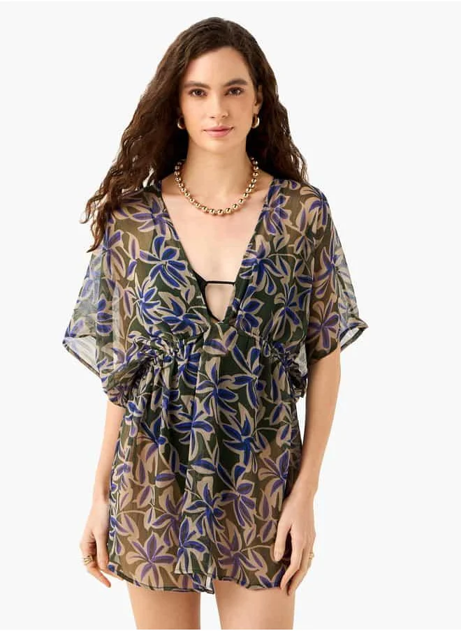 فاف Floral Print Cover-Up with Tie-Up Detail