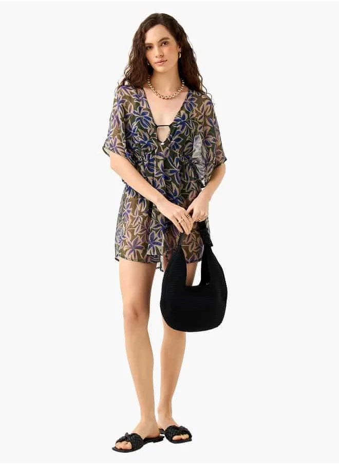 فاف Floral Print Cover-Up with Tie-Up Detail