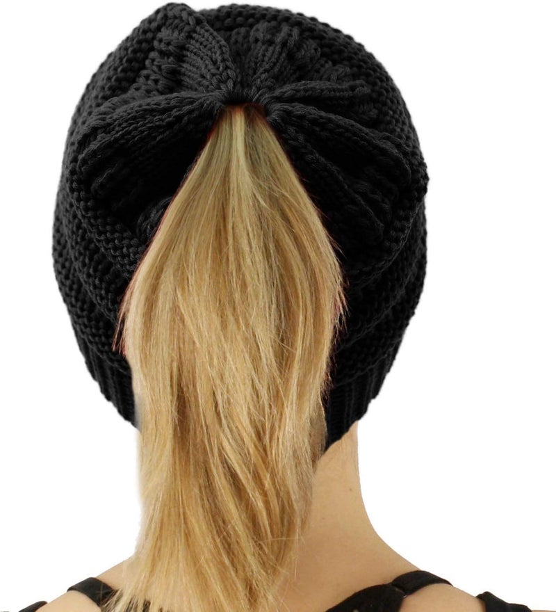 Cc Exclusives Soft Stretch Cable Knit Messy Bun Ponytail Beanie Winter Hat for Women (MB-20A) - Image 2