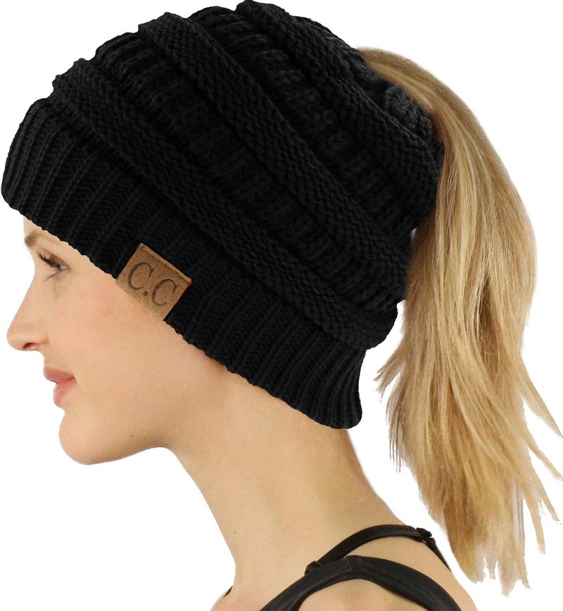 Cc Exclusives Soft Stretch Cable Knit Messy Bun Ponytail Beanie Winter Hat for Women (MB-20A) - Image 1