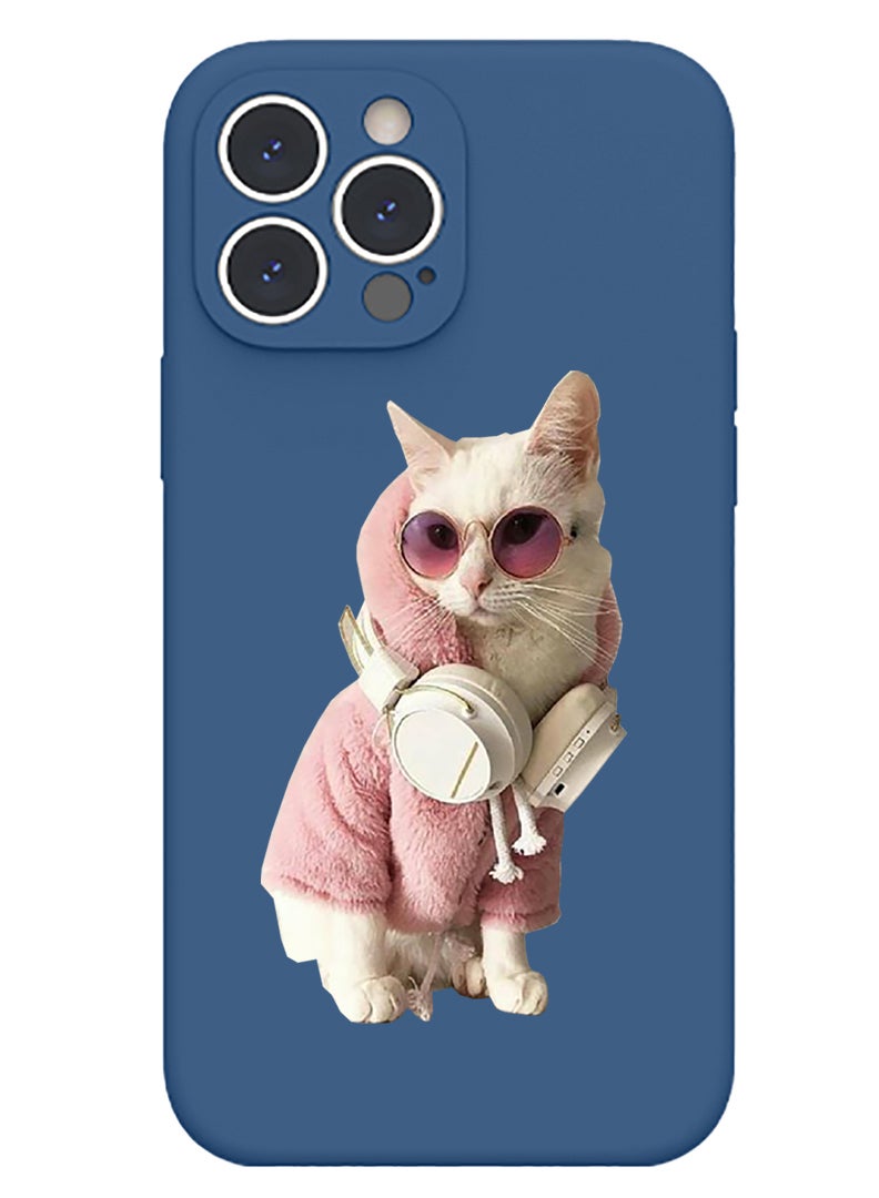 Theodor Protective Slim Fit Case Liquid Silicone Cover with Full Body Protection Anti-Scratch Shockproof Case For iPhone 12 Pro Max Blue  - White Cat - Image 1