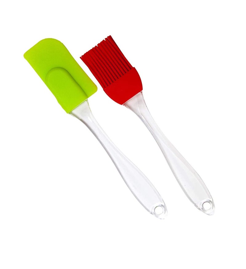 RJ kitchenware Store Silicone Brush and Spatula Set, 2-Pieces, Red Brush Ghee oil Brush Multi color Silicone Heat Resistant Oil Brush and Spatula Set with Handle/Pastry/Cake Brush/Ghee Combo set of 2 Pcs - Image 1