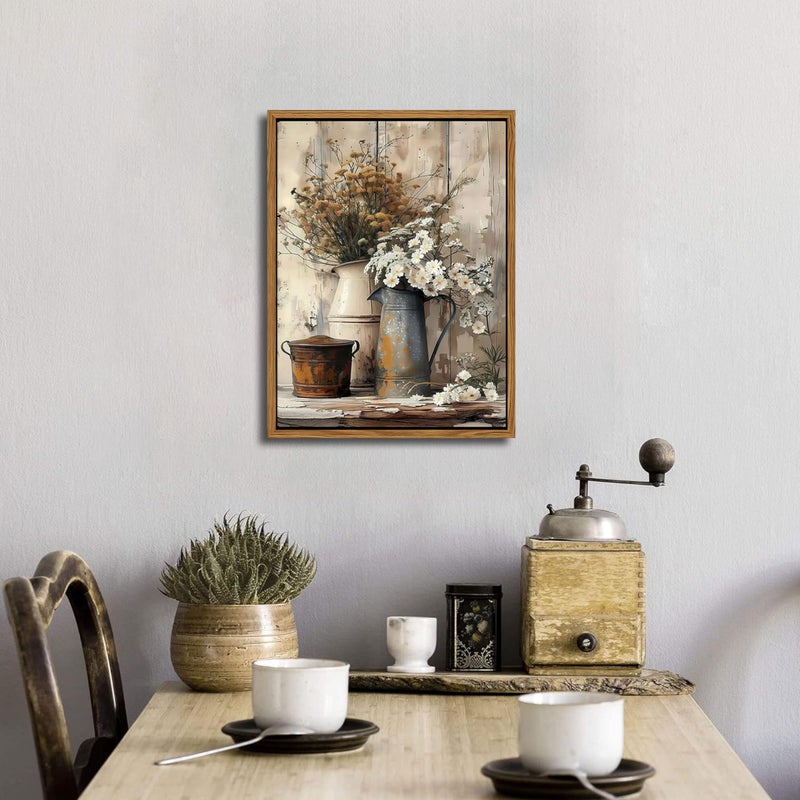 AKWISH Floating Framed Farmhouse Vintage Canvas Wall Art, Country Floral Daisy Pictures Wall Decor, Wood Grain Art Paintings Poster for Living Room Bedroom Bathroom Rustic Decor 12x16 inch - Image 4