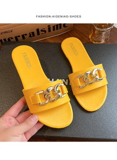 Womens Casual Summer 2023 Flat Foot Slippers With Metal Buckle One-Row Beach Sandals Nylon Lining Rubber Sole Adults Yellow