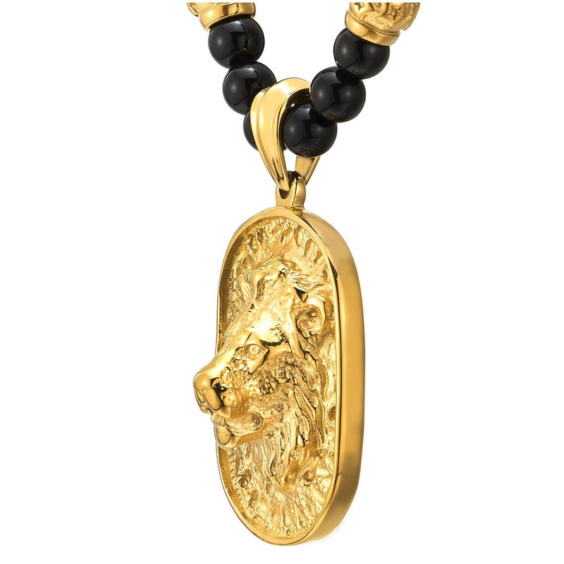 COOLSTEELANDBEYOND Gothic Style Mens Black Onyx Beads Necklace with Gold Color Stainless Steel Lion Head Shield Pendant - Image 1
