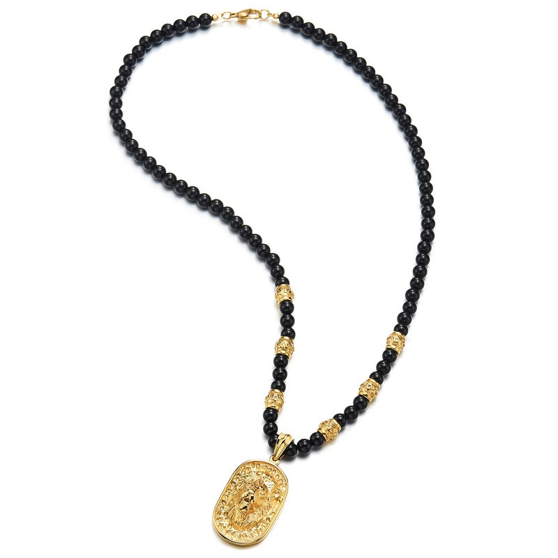 COOLSTEELANDBEYOND Gothic Style Mens Black Onyx Beads Necklace with Gold Color Stainless Steel Lion Head Shield Pendant - Image 3