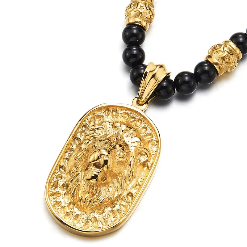 COOLSTEELANDBEYOND Gothic Style Mens Black Onyx Beads Necklace with Gold Color Stainless Steel Lion Head Shield Pendant - Image 2