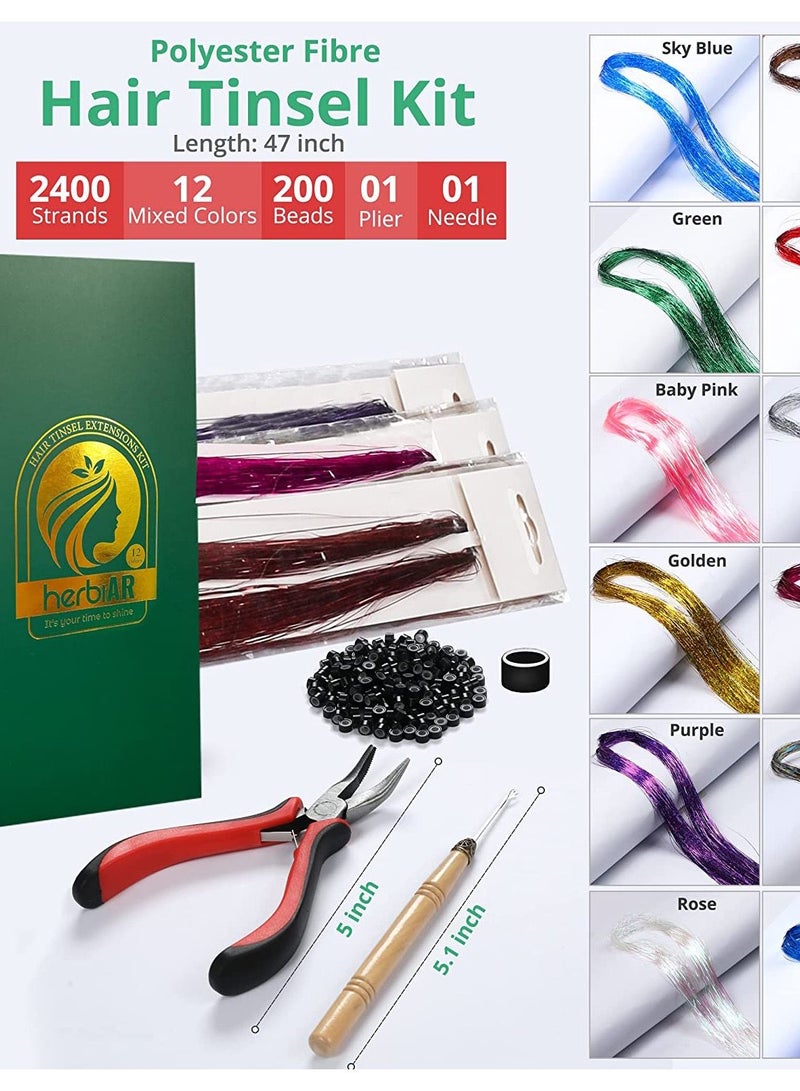 هيربيار وصلات شعر بهرج 47 بوصة مع أدوات 12 لونًا و 2400 خصلة من شعر الجنية وصلات شعر لامعة متألقة ملونة للعام الجديد والهالوين والحفلات - Image 3
