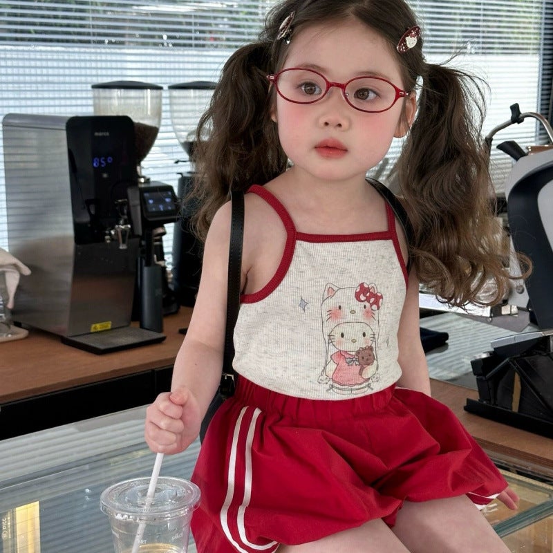 Girls Suit 2025 Baby Girl Kt Printed Suspenders Red Bud Shorts Casual Pants Two-Piece Set - Image 2