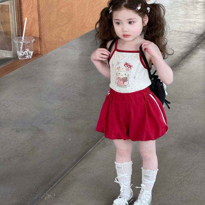 Girls Suit 2025 Baby Girl Kt Printed Suspenders Red Bud Shorts Casual Pants Two-Piece Set - Image 5