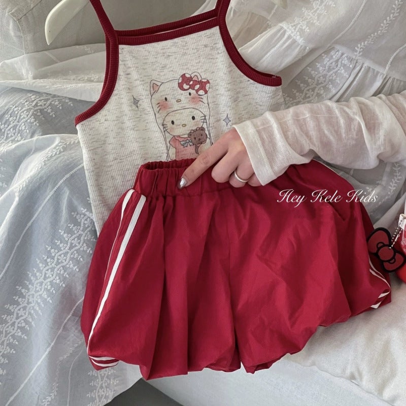 Girls Suit 2025 Baby Girl Kt Printed Suspenders Red Bud Shorts Casual Pants Two-Piece Set - Image 1
