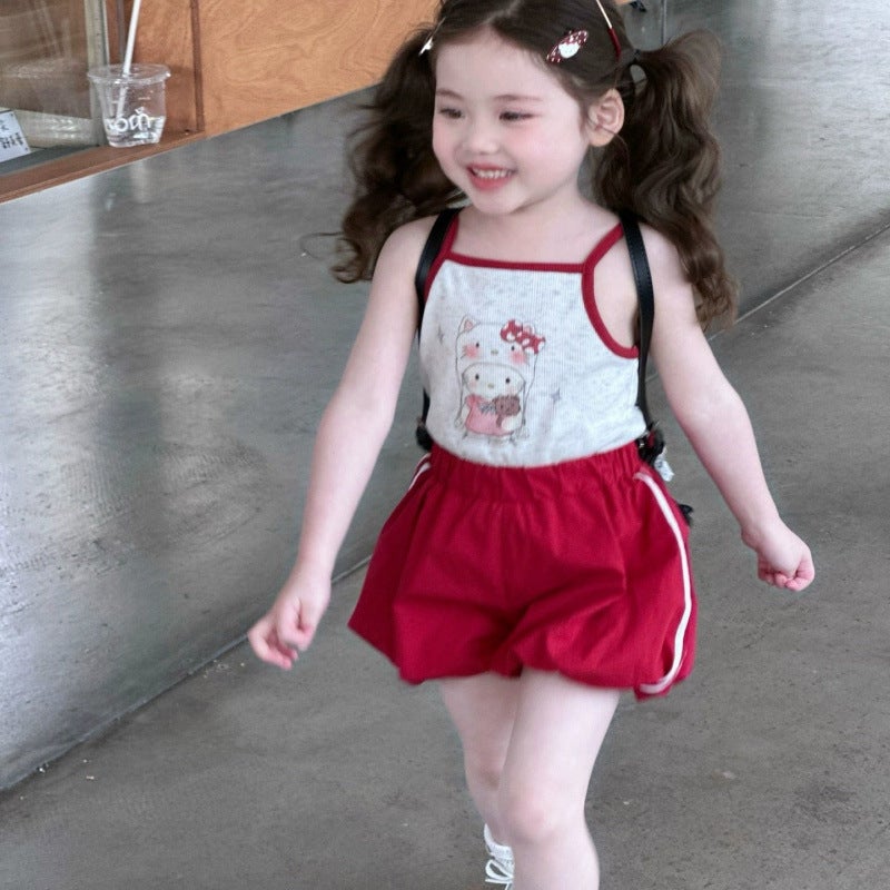 Girls Suit 2025 Baby Girl Kt Printed Suspenders Red Bud Shorts Casual Pants Two-Piece Set - Image 3