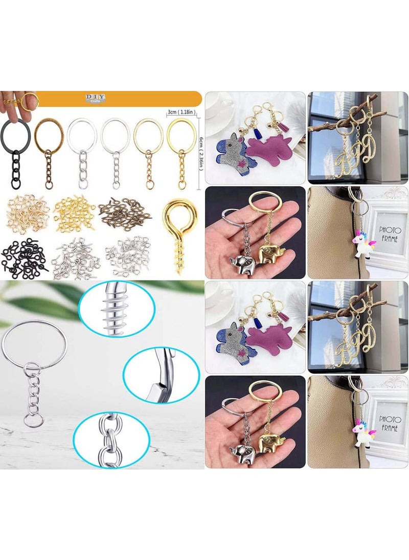 DIY Crafts - DIY Crafts 4 Pcs, Silver, Split Key Ring with Chain Set, Metal Flat Keychain Rings 1 Inch with Open Jump Rings and Screw Eye Pins Bulk, for Handbag Hangers Hooks Beading J (4 Pcs, Silver) - Image 1
