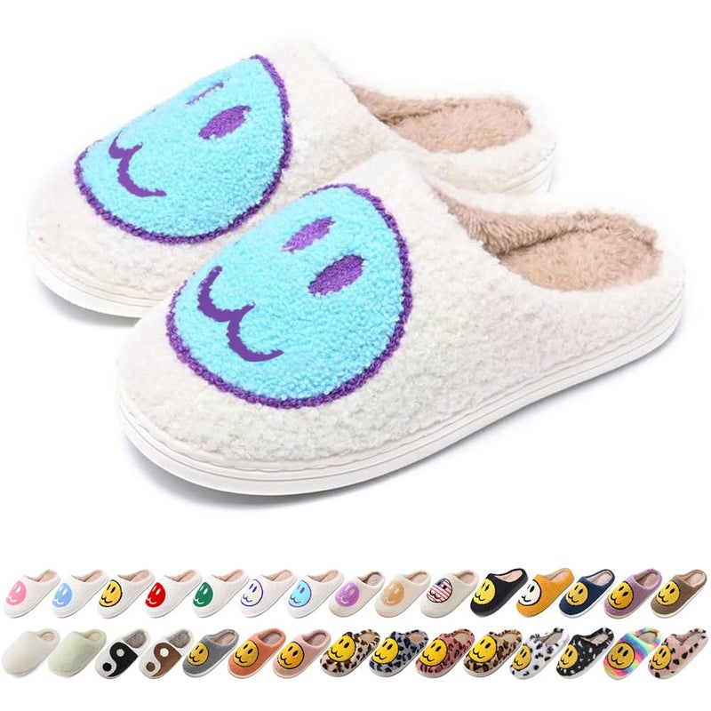 AIMINUO Womens Mens Preppy Happy Face Slippers Comfy Warm Plush SlipOn House Slipper for Winter Indoor Soft Cushion Nonslip Fluffy Slides Slippers WhiteCyan Size 95105 Women8595 Men - Image 2