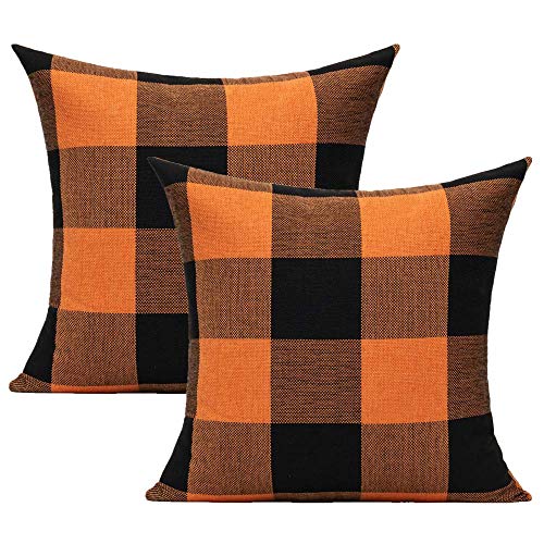 VAKADO 20x20 Set of 2 Halloween Orange and Black Buffalo Plaids Decorative Throw Pillow Covers Fall Farmhouse Classic Retro Rustic Square Cushion Cases Home Decor for Sofa Couch Patio Outdoor - Image 1