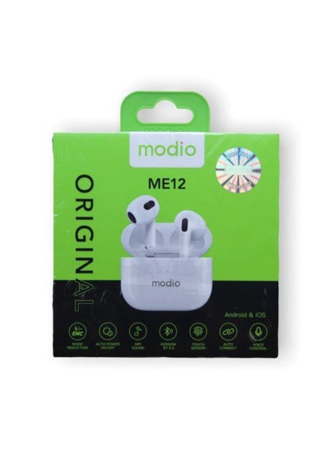 موديو سماعة موديو ME12 لاسلكية بتقنية بلوتوث لأجهزة أندرويد وiOS | سماعات أذن ستيريو مع تحكم باللمس، تقليل الضوضاء وميكروفون مدمج | بطارية طويلة العمر | غطاء علبة مجاني – أبيض - Image 3