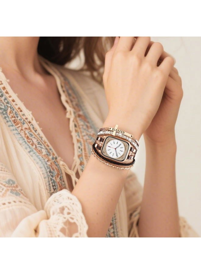 Fancywrist Boho Bracelet & Case Compatible with Apple Watch Band 40mm 44mm 45mm 41mm 38mm 42mm Women, Handmade Multilayer Leather Wrap Strap with Glitter Bumper for iWatch Series 9 8 7 6 5 4 3 2 1 SE - Image 2