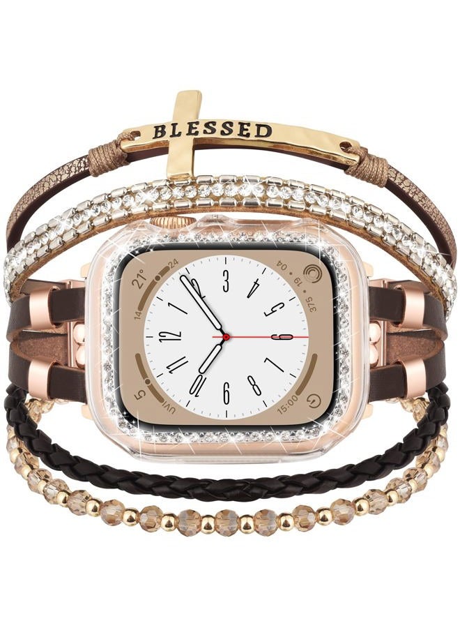 Fancywrist Boho Bracelet & Case Compatible with Apple Watch Band 40mm 44mm 45mm 41mm 38mm 42mm Women, Handmade Multilayer Leather Wrap Strap with Glitter Bumper for iWatch Series 9 8 7 6 5 4 3 2 1 SE - Image 1