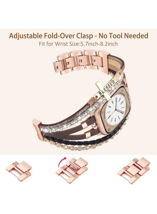 Fancywrist Boho Bracelet & Case Compatible with Apple Watch Band 40mm 44mm 45mm 41mm 38mm 42mm Women, Handmade Multilayer Leather Wrap Strap with Glitter Bumper for iWatch Series 9 8 7 6 5 4 3 2 1 SE - Image 3