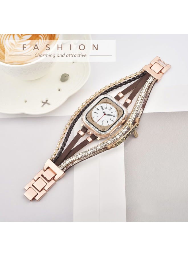 Fancywrist Boho Bracelet & Case Compatible with Apple Watch Band 40mm 44mm 45mm 41mm 38mm 42mm Women, Handmade Multilayer Leather Wrap Strap with Glitter Bumper for iWatch Series 9 8 7 6 5 4 3 2 1 SE - Image 5