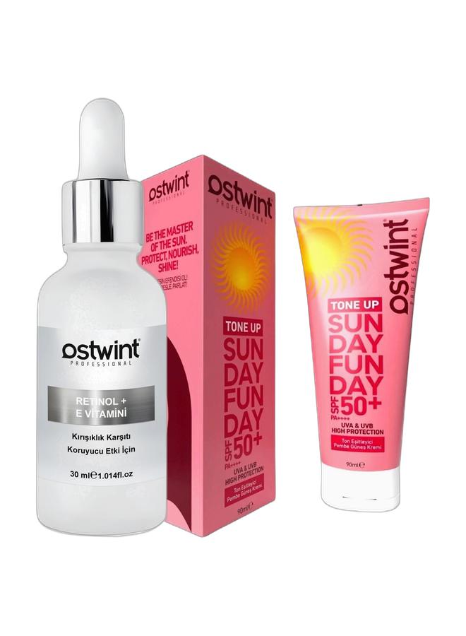 Ostwint Serum with sunscreen offer Retinol & Vitamin E Regenerating, Purifying, Revitalizing, Anti-Wrinkle Face Serum 30ml & Sunscreen Tone Up SPF 50+PA++++ 90 ml Thanks to its pink base, it helps to look elegant, coordinate the face, calm and pale. It unifies your skin tone and prevents streaking with high protection from the sun's rays.Bundle - Image 1
