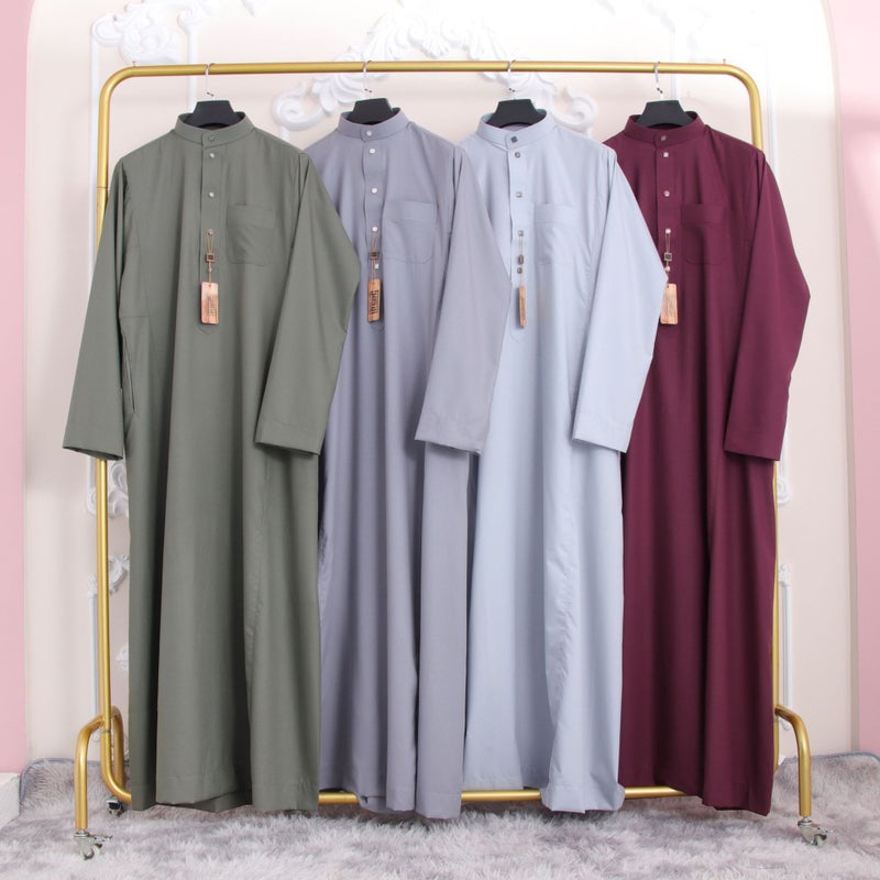FN63-A New Men's Mandarin Collar Traditional Thobe Robe with Metal Buttons - Image 4