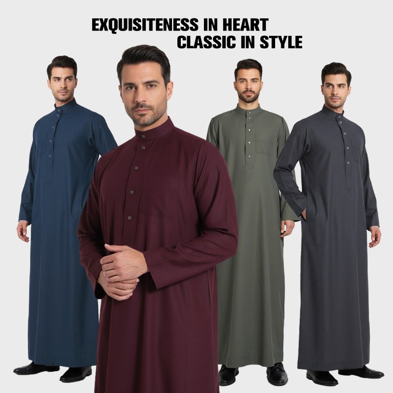 FN63-A New Men's Mandarin Collar Traditional Thobe Robe with Metal Buttons - Image 1