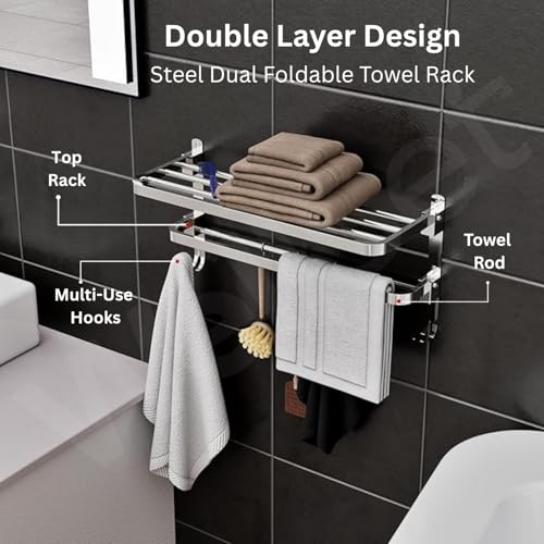 Well Set Stainless Steel Foldable Towel Rack for Bathroom | Dual Layer Wall Mounted Shelf with Towel Bar & 5 Hooks | Heavy-Duty Rust-Free Towel Holder Stand (Mirror Finish, Silver) - Image 3
