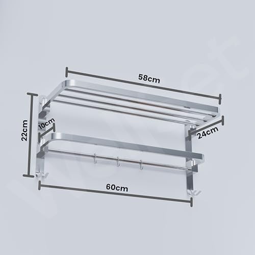 Well Set Stainless Steel Foldable Towel Rack for Bathroom | Dual Layer Wall Mounted Shelf with Towel Bar & 5 Hooks | Heavy-Duty Rust-Free Towel Holder Stand (Mirror Finish, Silver) - Image 5