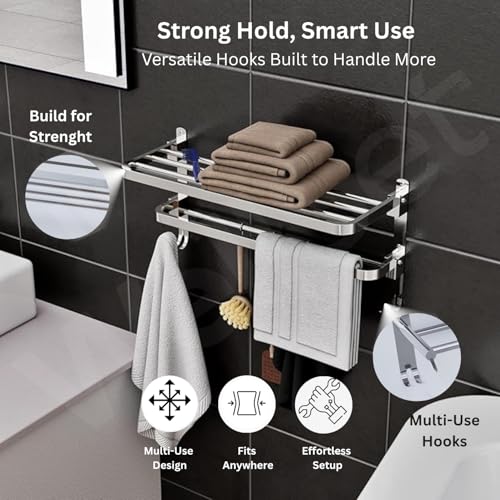 Well Set Stainless Steel Foldable Towel Rack for Bathroom | Dual Layer Wall Mounted Shelf with Towel Bar & 5 Hooks | Heavy-Duty Rust-Free Towel Holder Stand (Mirror Finish, Silver) - Image 2