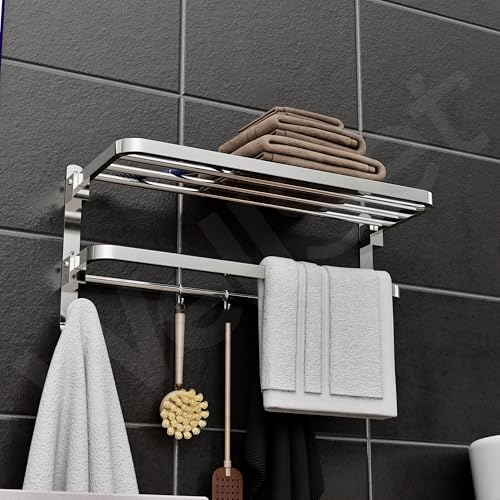 Well Set Stainless Steel Foldable Towel Rack for Bathroom | Dual Layer Wall Mounted Shelf with Towel Bar & 5 Hooks | Heavy-Duty Rust-Free Towel Holder Stand (Mirror Finish, Silver) - Image 1