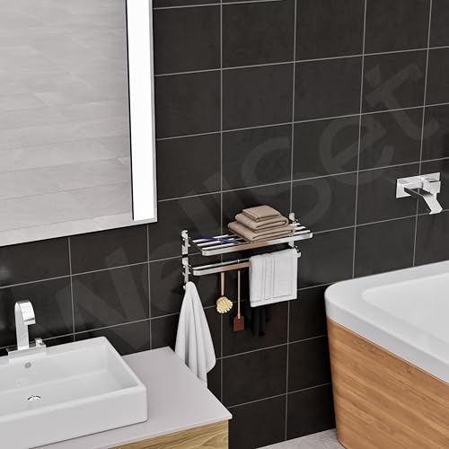 Well Set Stainless Steel Foldable Towel Rack for Bathroom | Dual Layer Wall Mounted Shelf with Towel Bar & 5 Hooks | Heavy-Duty Rust-Free Towel Holder Stand (Mirror Finish, Silver) - Image 4