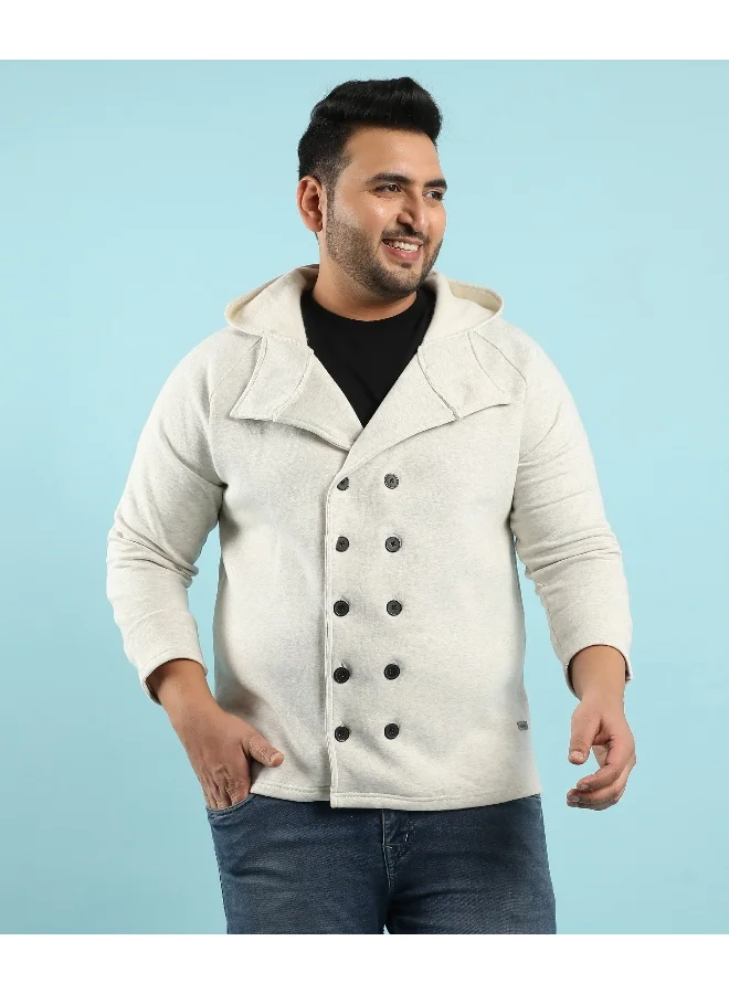 Instafab Plus Men's Light Grey Double-Breasted Jacket With Hoodie For Casual Wear | Hooded Neck | Long Sleeve | Button Closure | Cotton Jacket Crafted With Comfort Fit For Everyday Wear