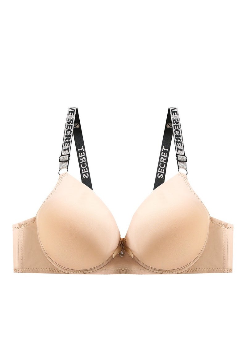 Women's underwire thick C cup underwire bra, with smooth surface and bow decoration on the chest and adjustable shoulder straps 