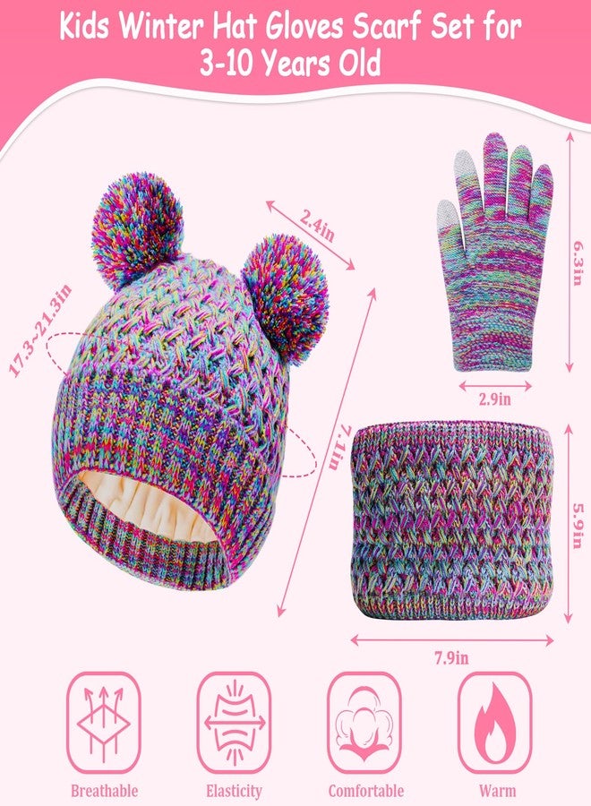 LYDTICK Kids Winter Hat Scarf Gloves Set, Toddler Beanie with Double Pom Pom Fleece Lined, Touch Screen Mitten for Girls Boys, Rainbow - Image 2