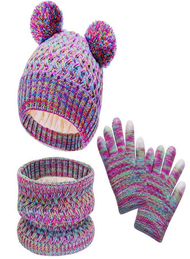 LYDTICK Kids Winter Hat Scarf Gloves Set, Toddler Beanie with Double Pom Pom Fleece Lined, Touch Screen Mitten for Girls Boys, Rainbow - Image 1