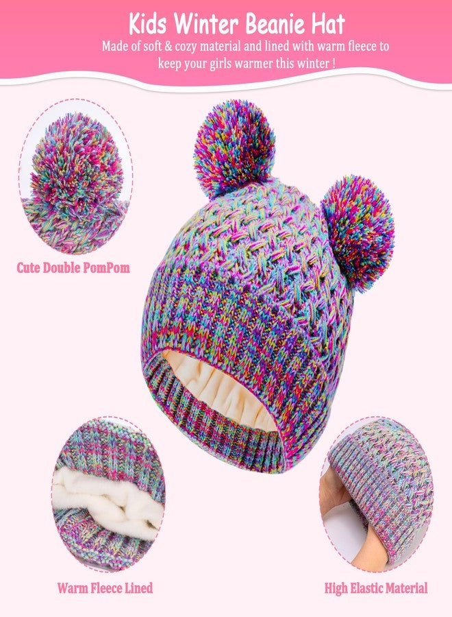 LYDTICK Kids Winter Hat Scarf Gloves Set, Toddler Beanie with Double Pom Pom Fleece Lined, Touch Screen Mitten for Girls Boys, Rainbow - Image 3