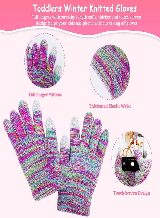 LYDTICK Kids Winter Hat Scarf Gloves Set, Toddler Beanie with Double Pom Pom Fleece Lined, Touch Screen Mitten for Girls Boys, Rainbow - Image 5