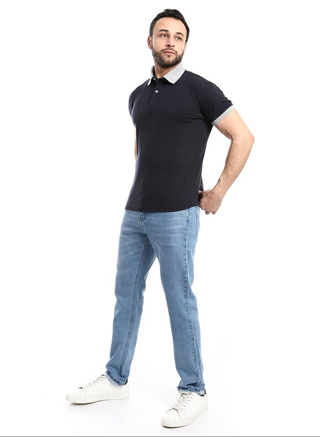 Andora Odd Collar & Arms Hem Polo Shirt  Navy Blue & Grey_Navy Blue - Image 1