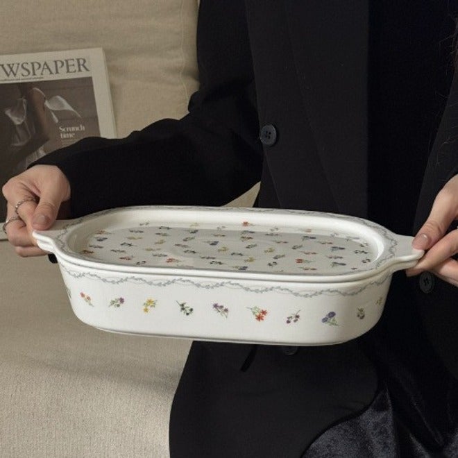 French Luxury Blue Bow Floral Baking Rectangular Ceramic Tray with Lid