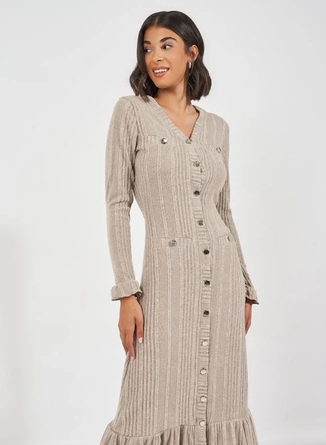 Styli Ribbed Button-Down Dress