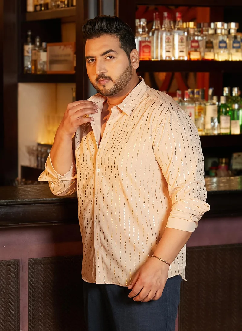 Instafab Plus Instafab Plus Men's Ecru Beige Metallic-Vined Shirt For Casual Wear | Spread Collar | Long Cuffed Sleeves | Button Closure | Plus Size Shirt Crafted With Comfort Fit For Everyday Wear