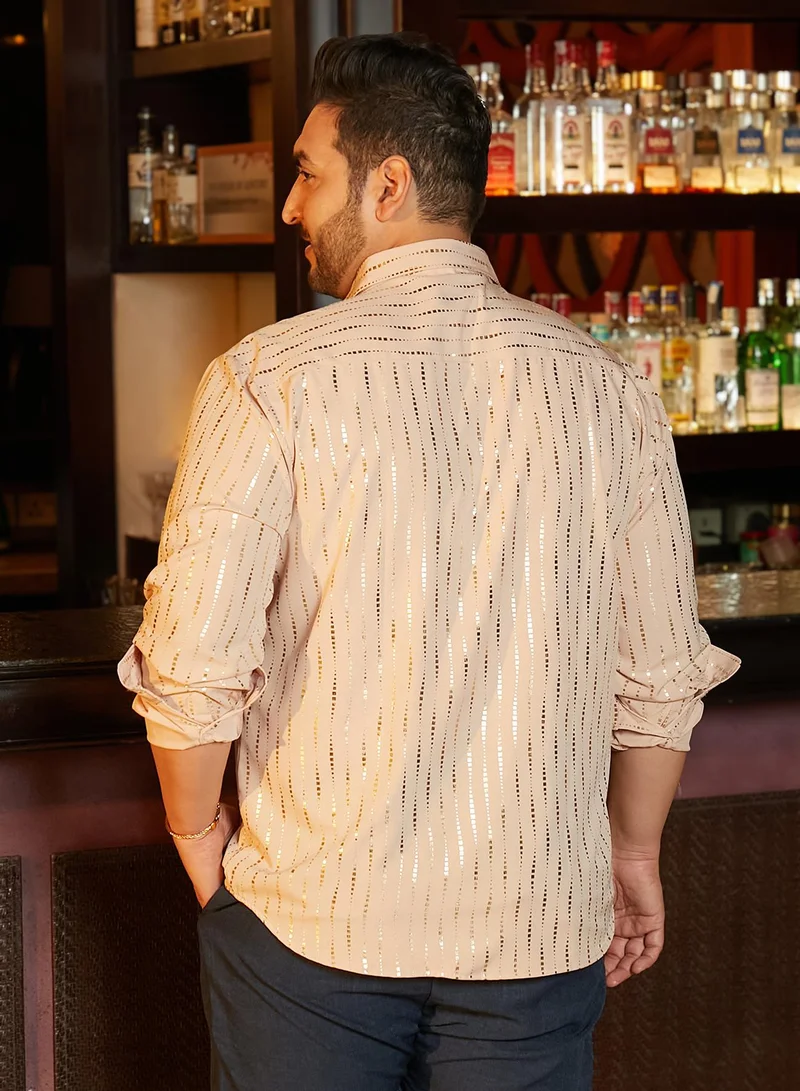 Instafab Plus Instafab Plus Men's Ecru Beige Metallic-Vined Shirt For Casual Wear | Spread Collar | Long Cuffed Sleeves | Button Closure | Plus Size Shirt Crafted With Comfort Fit For Everyday Wear